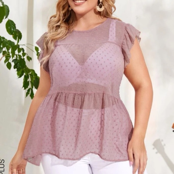 SHEIN women’s plus Swiss dot sheer ruffle hem blouse short sleeve and Flowy - Picture 2 of 6